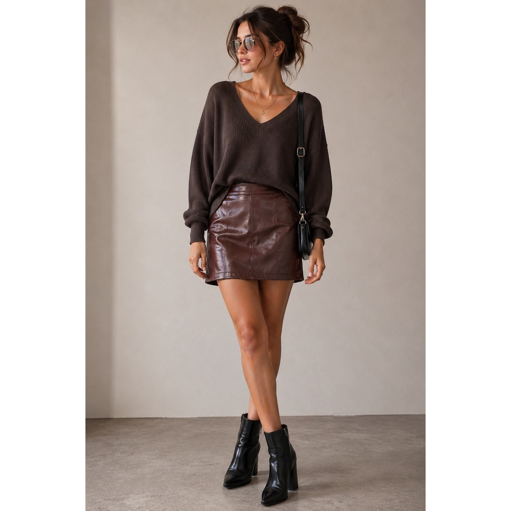 Chocolate Rrown Faux Leather Mini Skirt Y2K Streetwear Minimalist Vegan Small